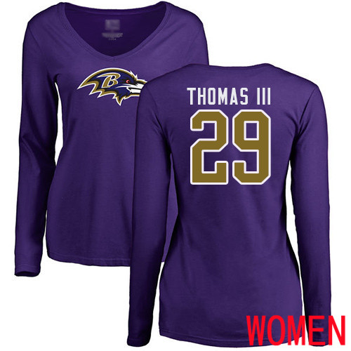 Baltimore Ravens Purple Women Earl Thomas III Name and Number Logo NFL Football #29 Long Sleeve T Shirt->women nfl jersey->Women Jersey